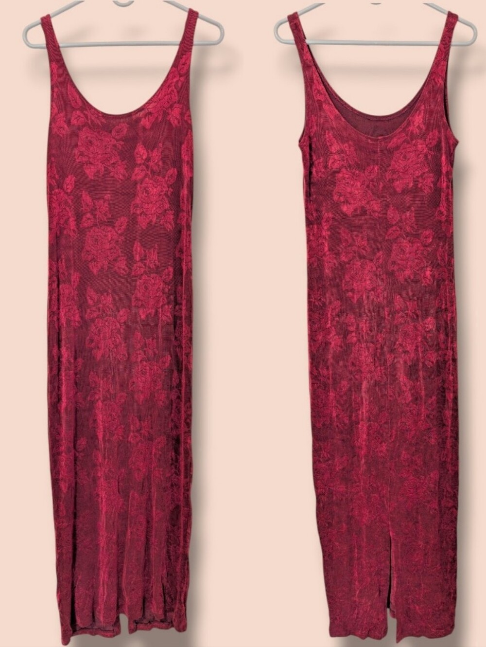Gail Garner Vintage Red Rose Textured Sleeveless Jersey Knit Maxi Slip Dress